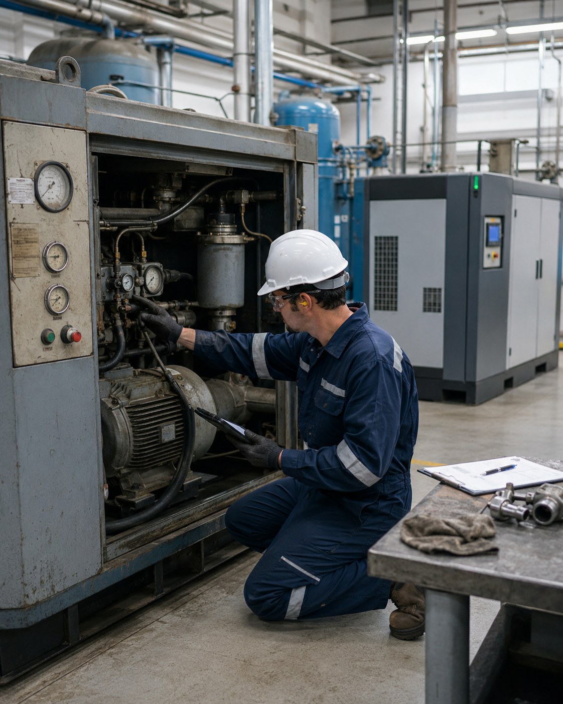 Entenda quando aumento das manutenções, custos operacionais, disponibilidade de peças e consumo energético podem indicar a substituição de um compressor industrial.