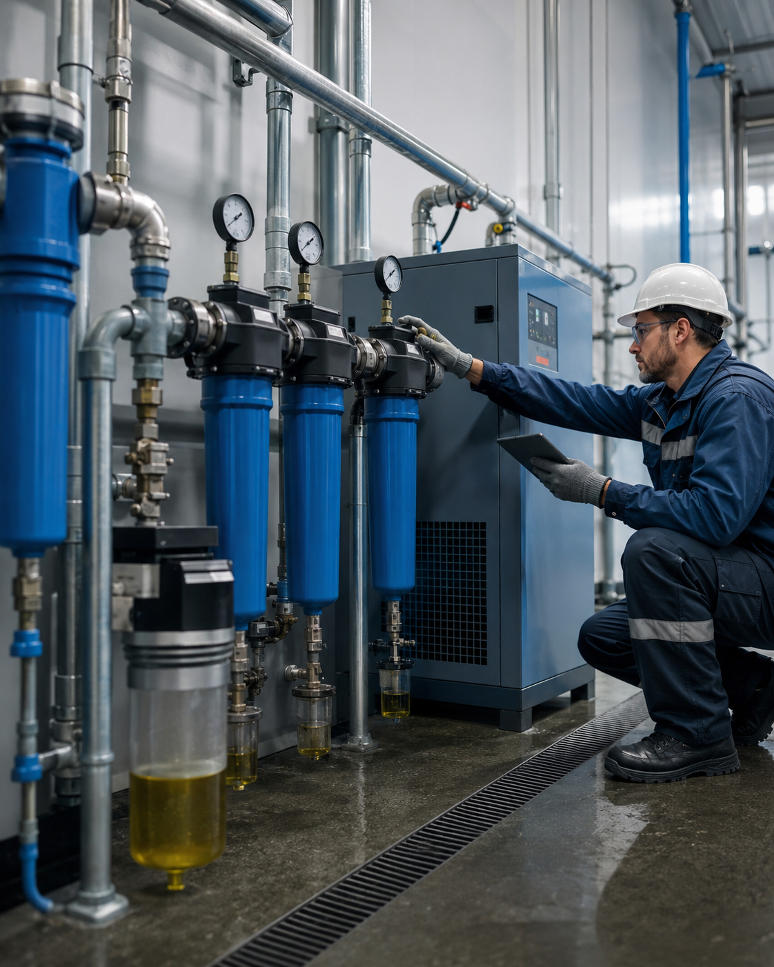 Água na rede, perda de carga e contaminantes podem indicar problemas em filtros, drenos ou secadores. Veja quando revisar o tratamento de ar comprimido.